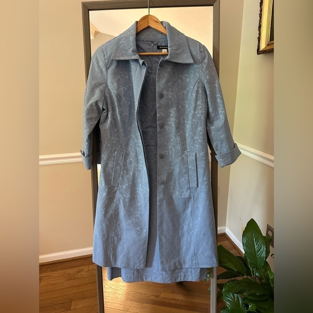 Bahari Light Blue Jacquard Trench Coat with Sheath Dress Size 14